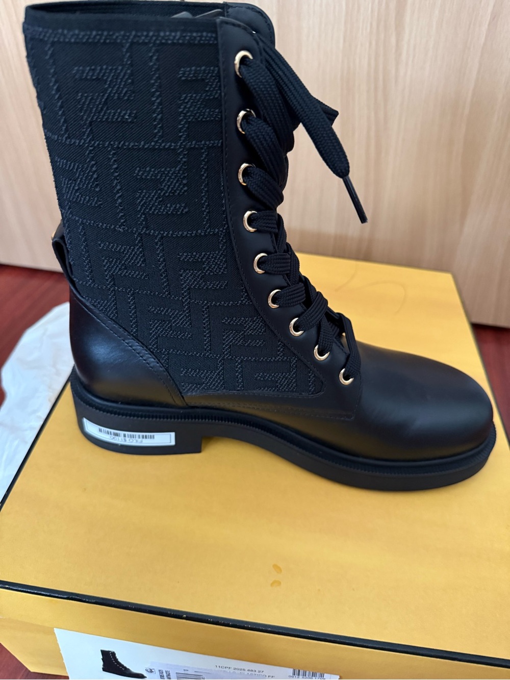 Fendi Black Lace-Up Combat Boot with Monogram Panel